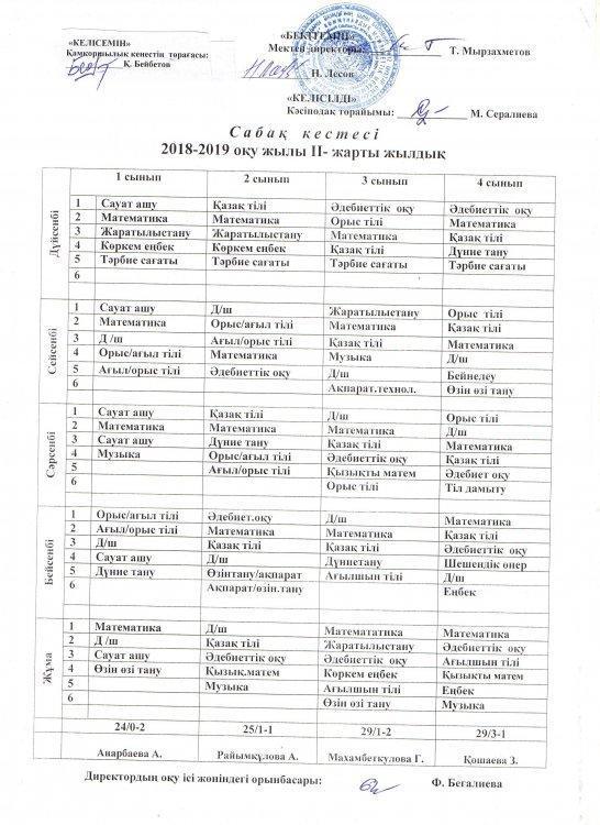 Сабақ кестесі 2018-2019 оқу жылы